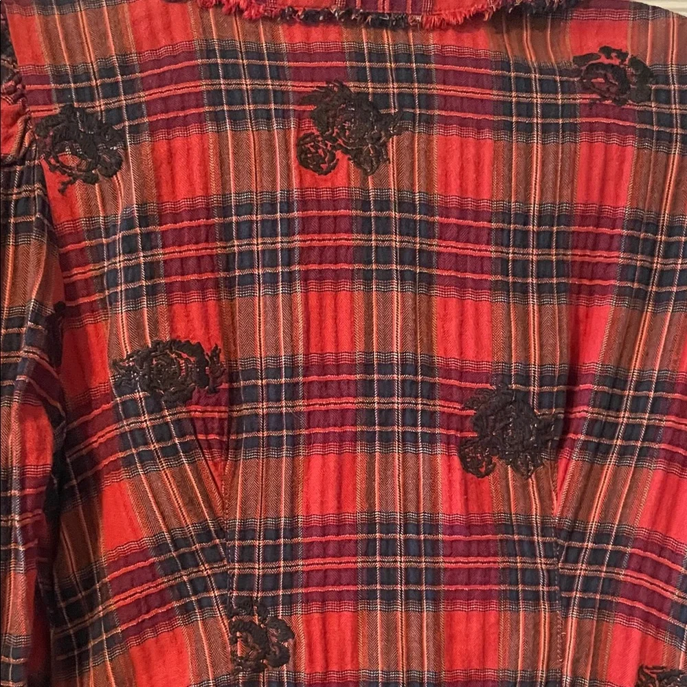 Free People Ezra Embroidered Red Plaid Bell Sleeve Top - Picture 5 of 8